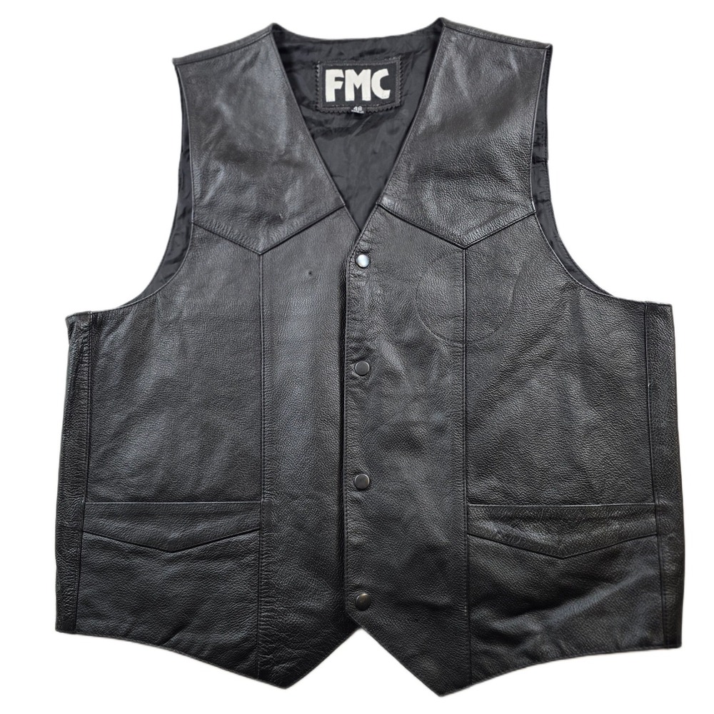 FMC Leather Motorcycle Vest Mens XL 48 Black 100% Leather Snap Front Biker Vest